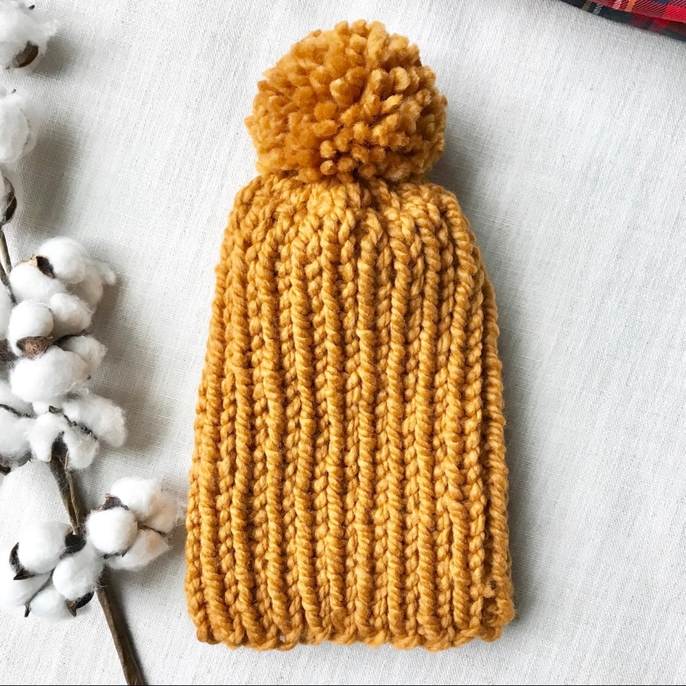 NWT Mustard Yellow Dandelion Beanie Pom Pom Hat